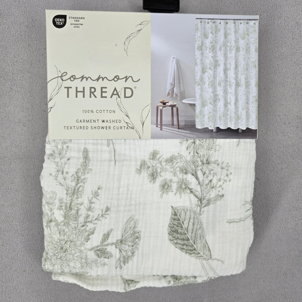 Common Thread NWT 72x72 Shower Curtain Botanical Floral Sage Green Cotton Gauze